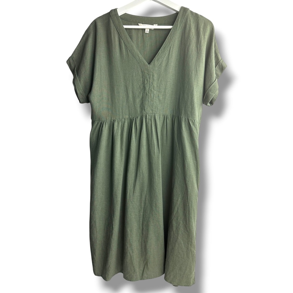 Briggs Linen Blend Dress Womens Small Olive Green V-Neck Cuffed Sleeve Pockets